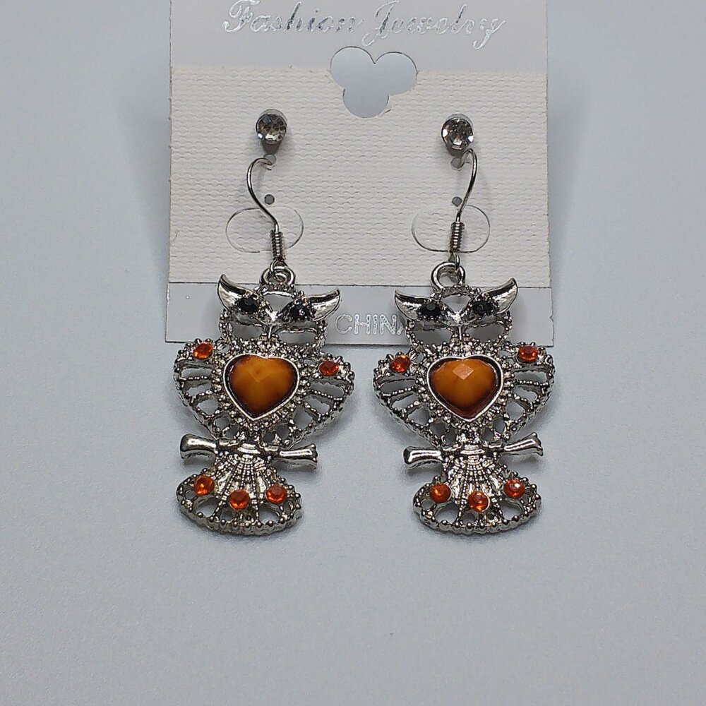 Cute orange and silver owl earrings with rhinestone crystals, plus two studs
